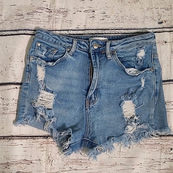 Almost Famous High Waist Distressed Cut Off Light Blue Denim Jean Shorts Size 9 - Picture 6 of 16
